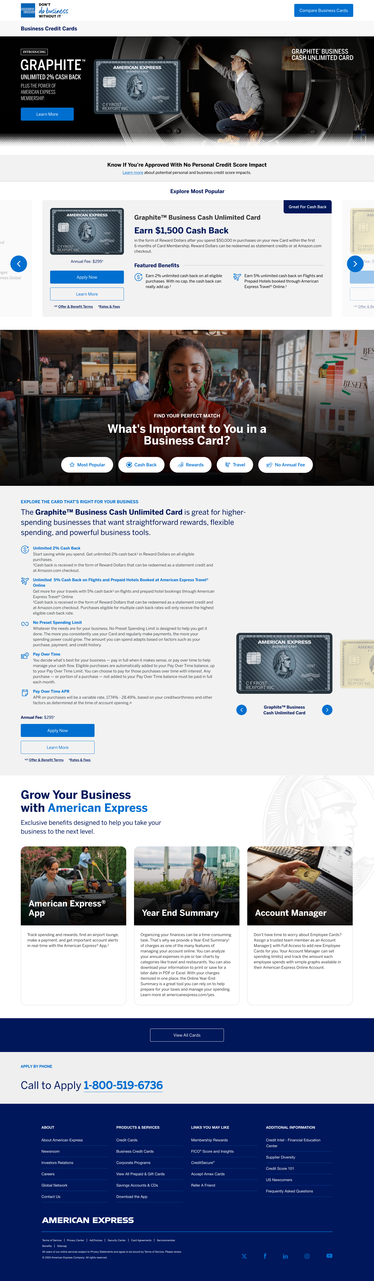 Redesigned American Express Business Cards homepage