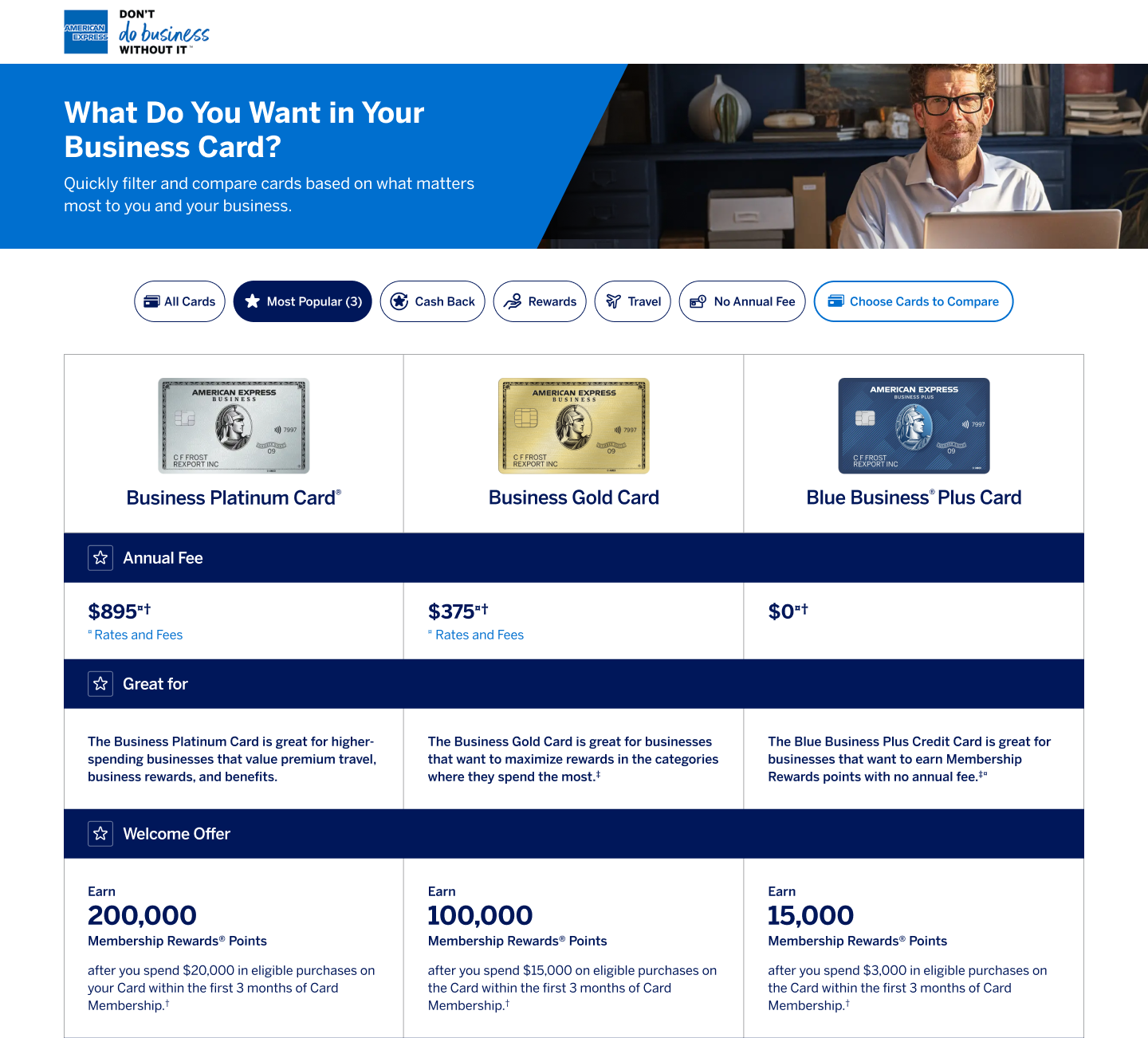 Redesigned American Express Business Cards product comparison page