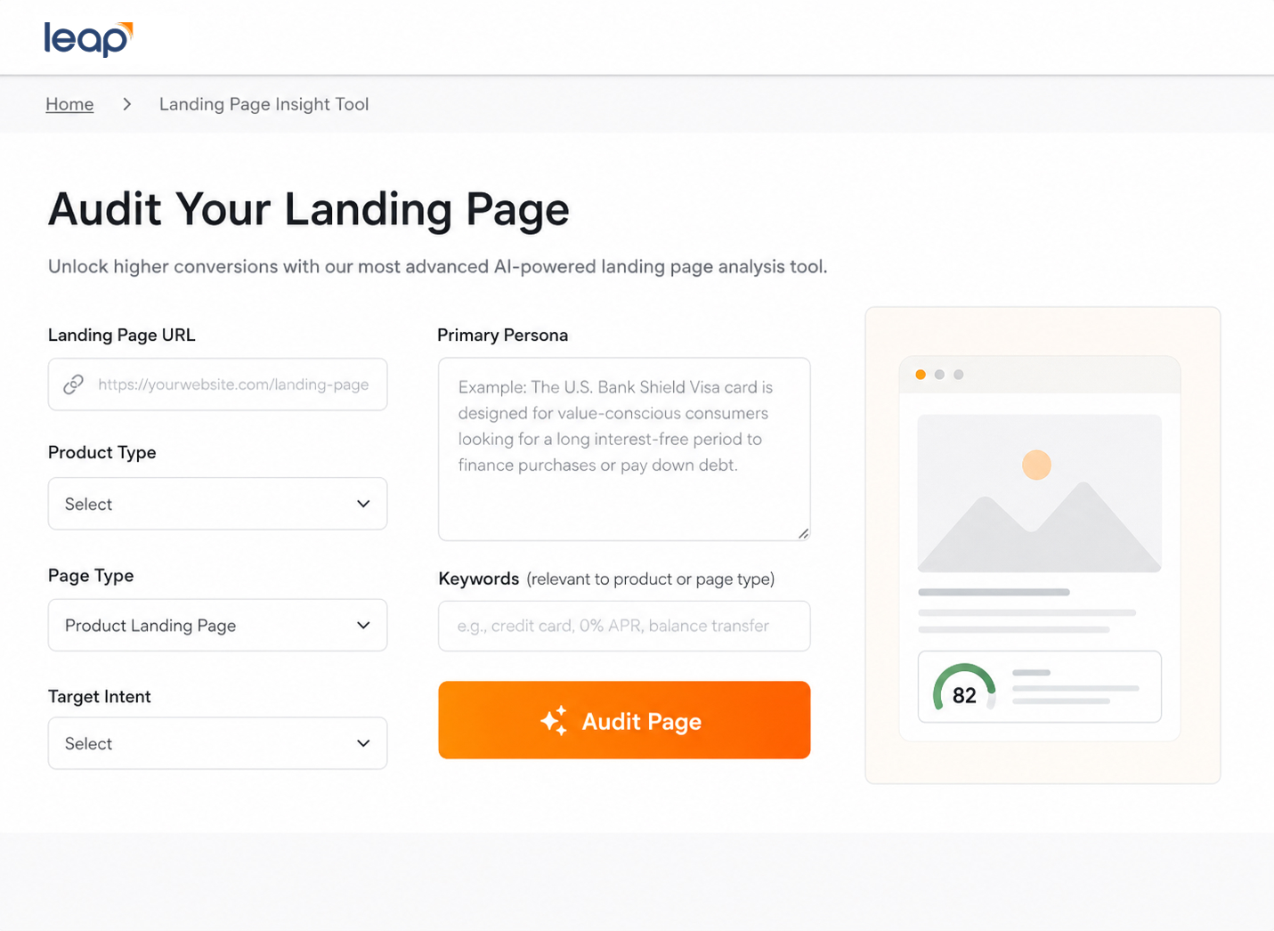 LEAP landing-page audit setup with URL, product, page type, intent, persona and keyword inputs