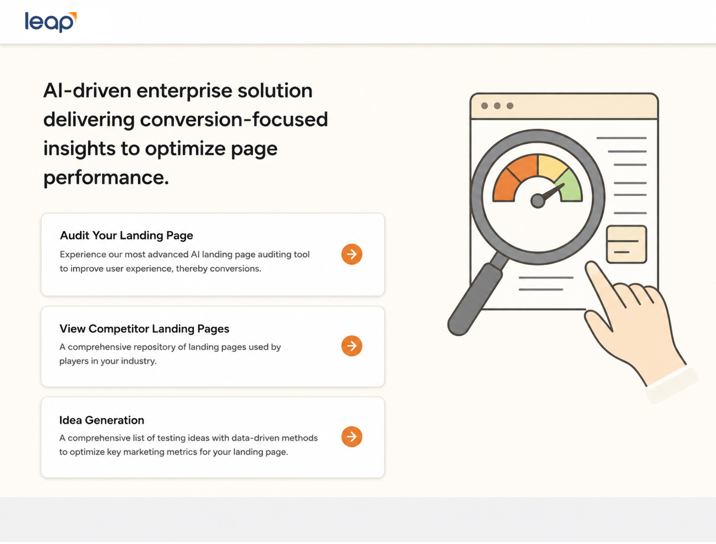 LEAP home experience presenting conversion-focused product entry points