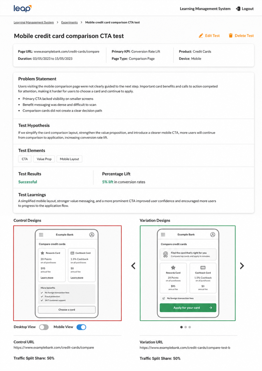 LEAP test details showing experiment context, results, control and variation designs